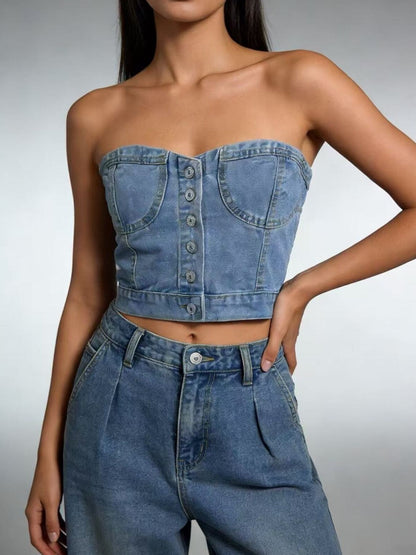 Button-Front Denim Tube Top - Redemption By Ashley North