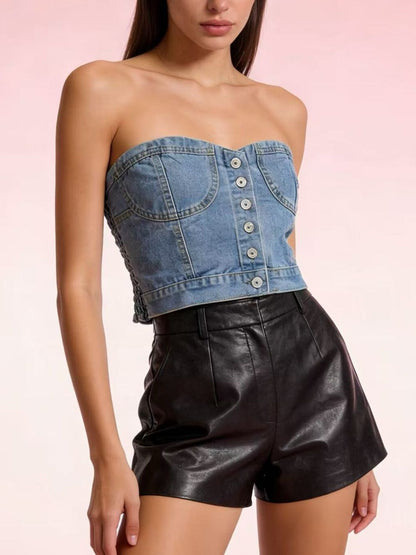 Button-Front Denim Tube Top - Redemption By Ashley North
