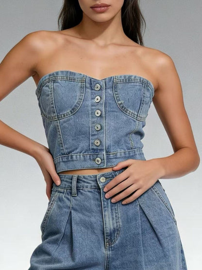 Button-Front Denim Tube Top - Redemption By Ashley North