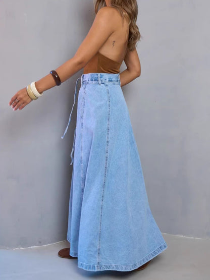 Light blue high-waisted denim skirt by Trendsi featuring a classic fit and front pockets.
