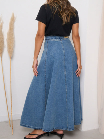 Light blue high-waisted denim skirt by Trendsi, featuring a classic style with belt loops and front pockets.