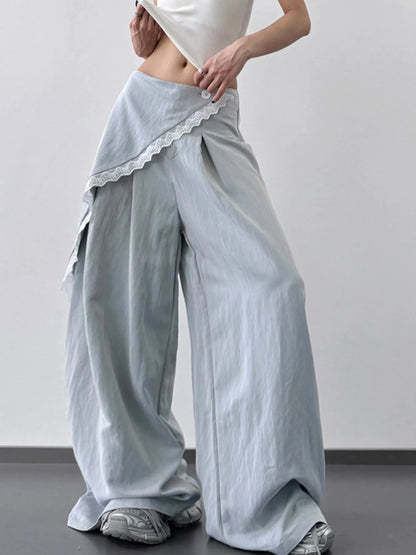 Light blue lace detail wide-leg pants from Trendsi, featuring flowy fabric and a relaxed fit for casual or dressy occasions.