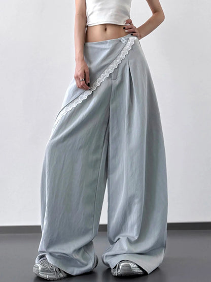 Light blue lace detail wide leg pants by Trendsi, featuring flowing fabric and elegant design for a stylish look.