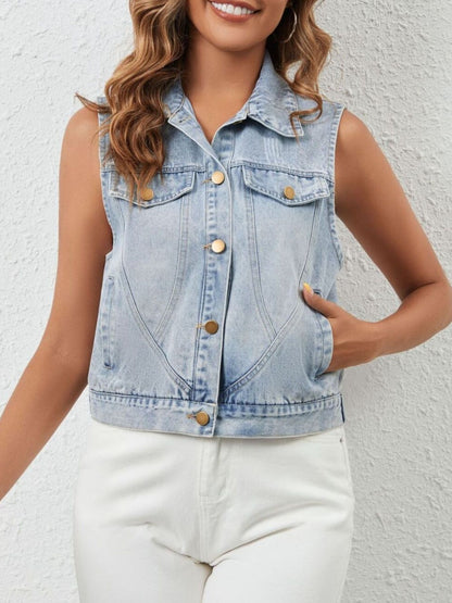 Sleeveless button-up denim jacket by Trendsi featuring classic blue denim fabric and front chest pockets.