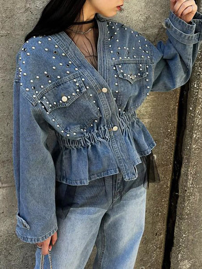Light blue studded button-up denim jacket from Trendsi with metal stud embellishments and classic collar.
