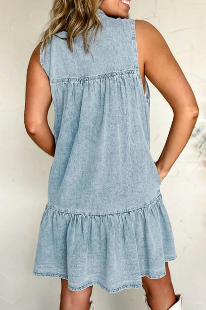 Light blue sleeveless denim dress with tie neck detail from Trendsi, showcasing a casual and stylish summer outfit.