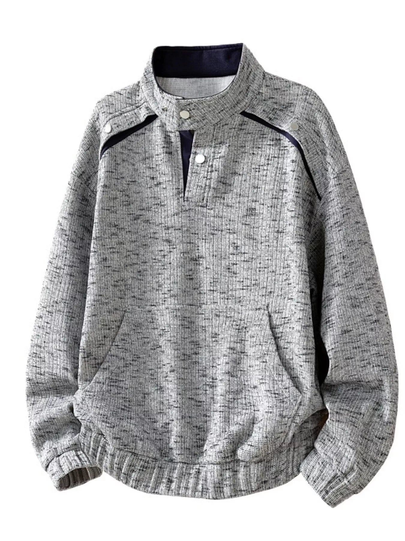 Light gray men's plus size textured sweatshirt with stand collar and kangaroo pocket by Trendsi, casual and comfortable fit.