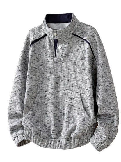 Light gray men's plus size textured sweatshirt with stand collar and kangaroo pocket by Trendsi, casual and comfortable fit.