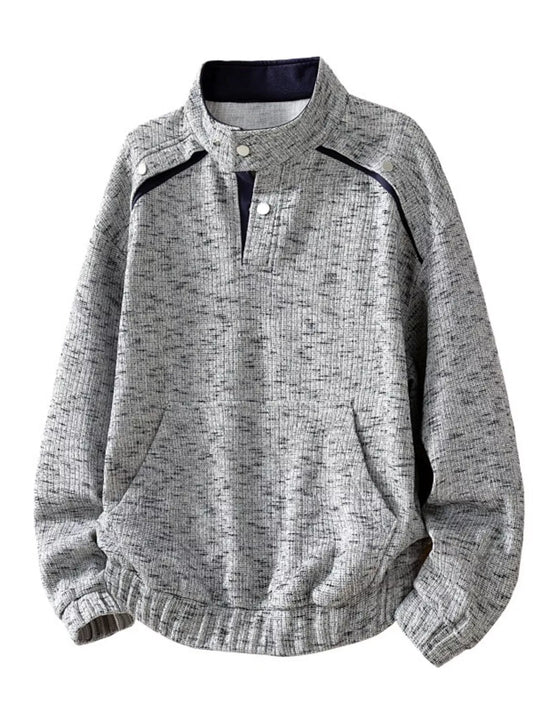 Light gray men's plus size textured sweatshirt with stand collar and kangaroo pocket by Trendsi, casual and comfortable fit.
