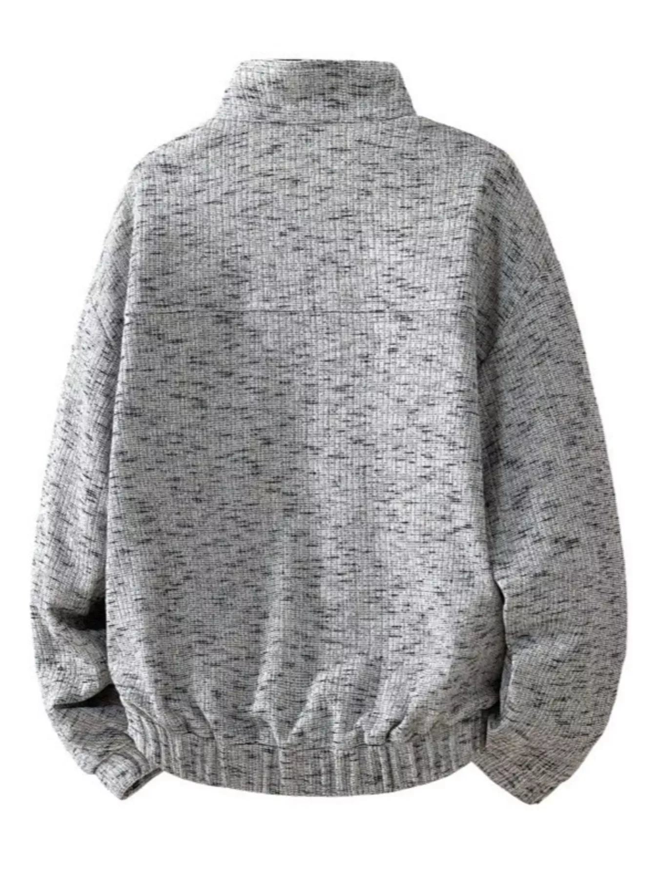 Light gray men's plus size textured sweatshirt with stand collar and kangaroo pocket by Trendsi, showing the front view.