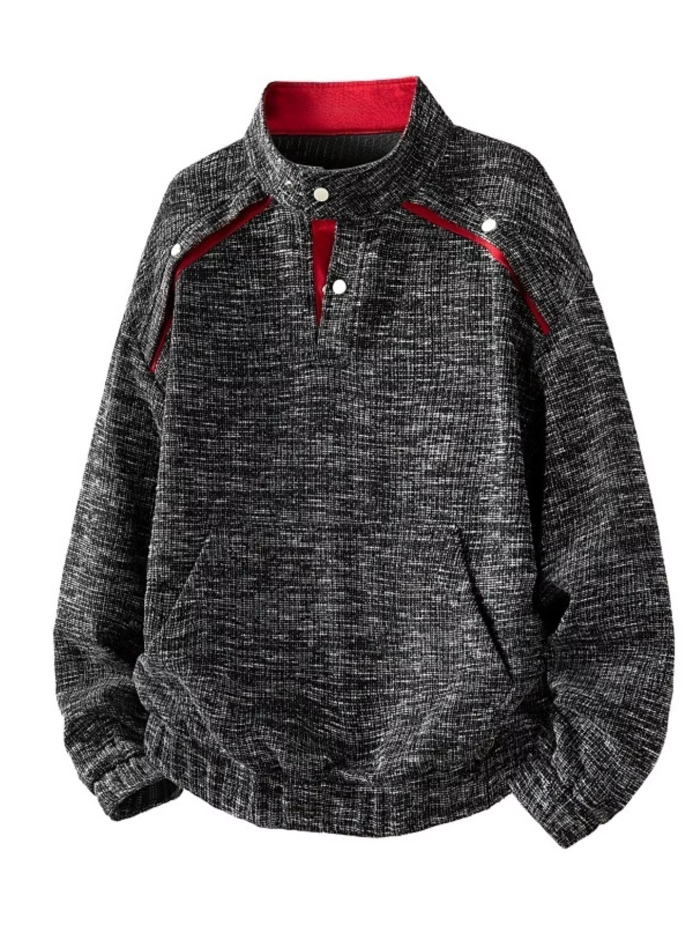 Light gray men's plus size textured sweatshirt with stand collar and kangaroo pocket by Trendsi, shown on a mannequin.