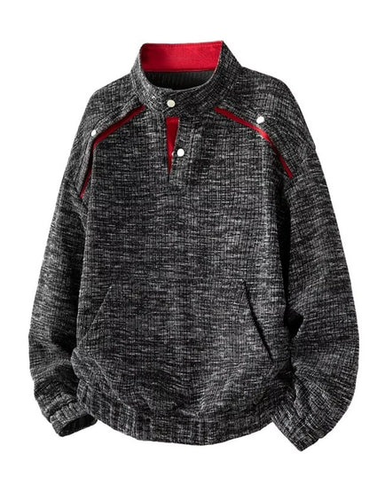 Light gray men's plus size textured sweatshirt with stand collar and kangaroo pocket by Trendsi, shown on a mannequin.