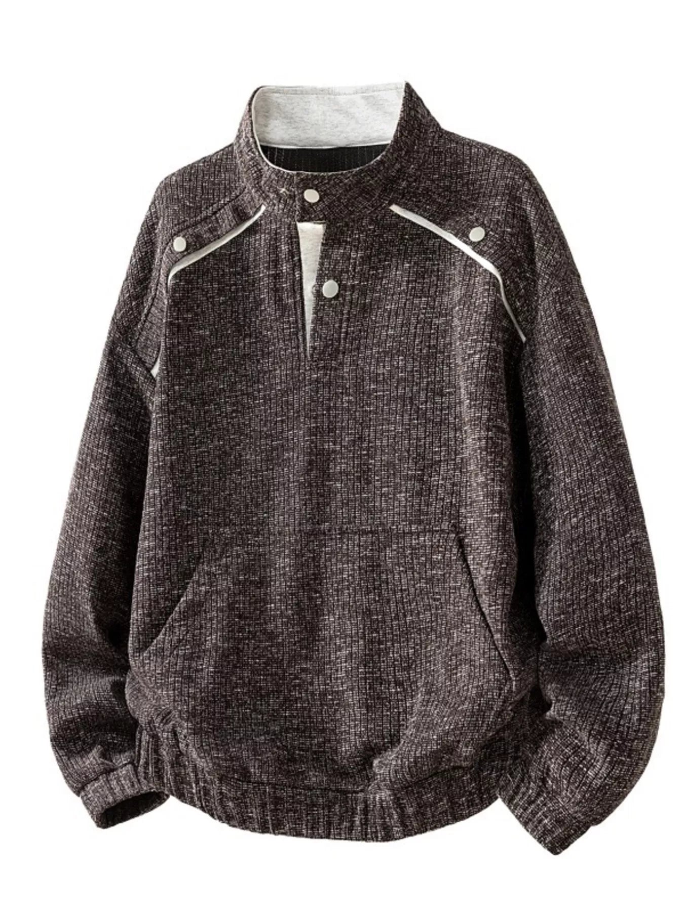 Light gray men's plus size textured sweatshirt with stand collar and kangaroo pocket by Trendsi.