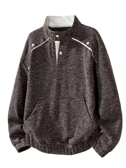 Light gray men's plus size textured sweatshirt with stand collar and kangaroo pocket by Trendsi.