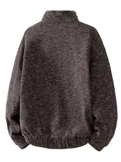 Light gray men's plus size textured sweatshirt with stand collar and kangaroo pocket by Trendsi