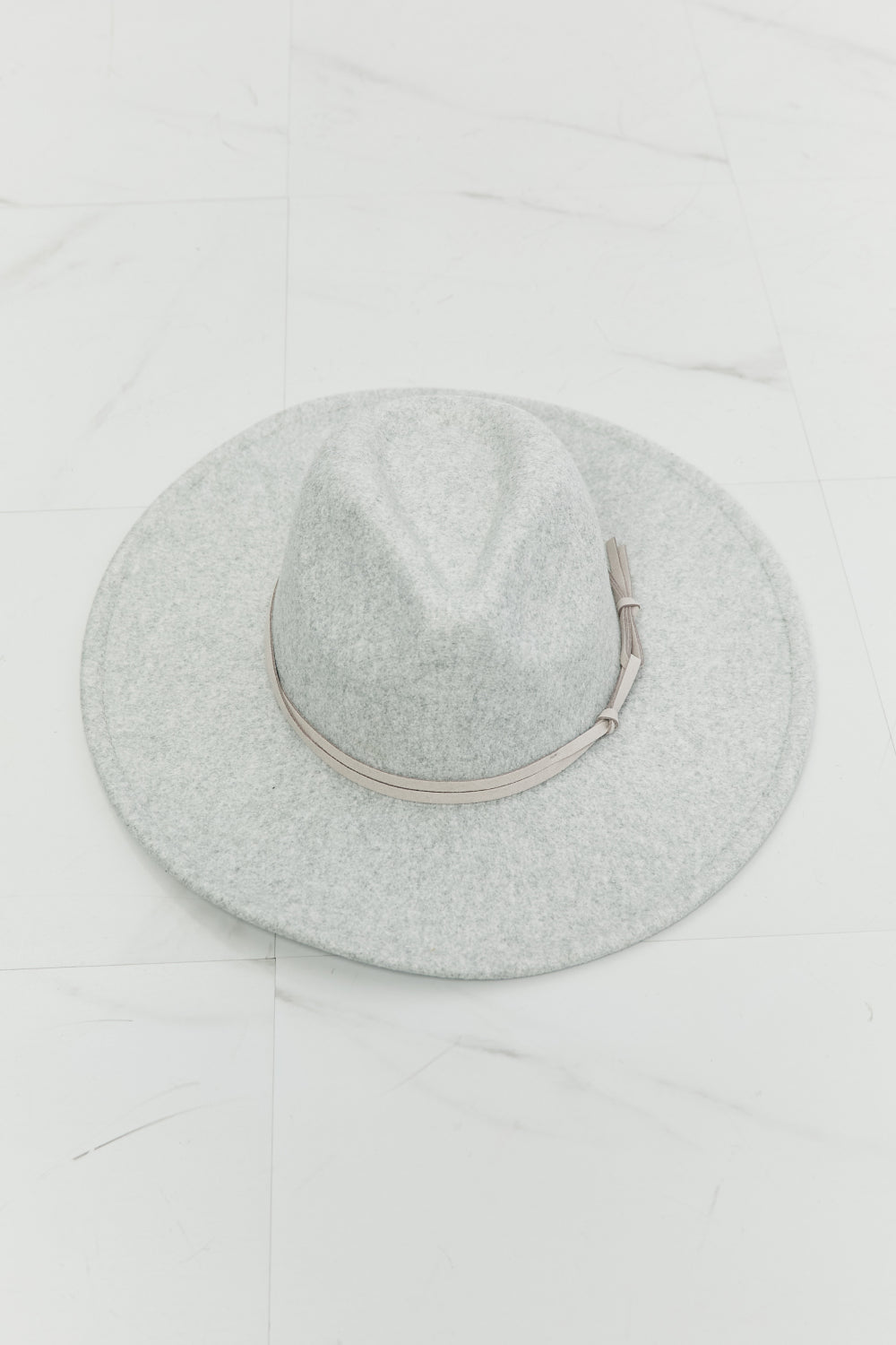 Light gray Fame Festival Babe Fedora hat by Trendsi, showcasing a stylish wide-brim design and classic fedora shape.