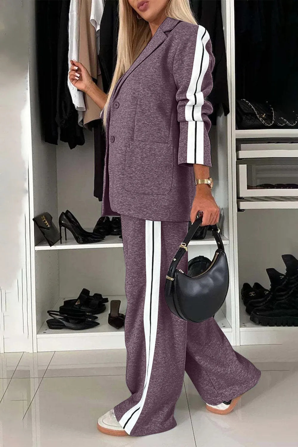 Full size contrast lapel collar top and pants set from Trendsi, featuring a stylish matching outfit with a lapel collar and tailored fit.