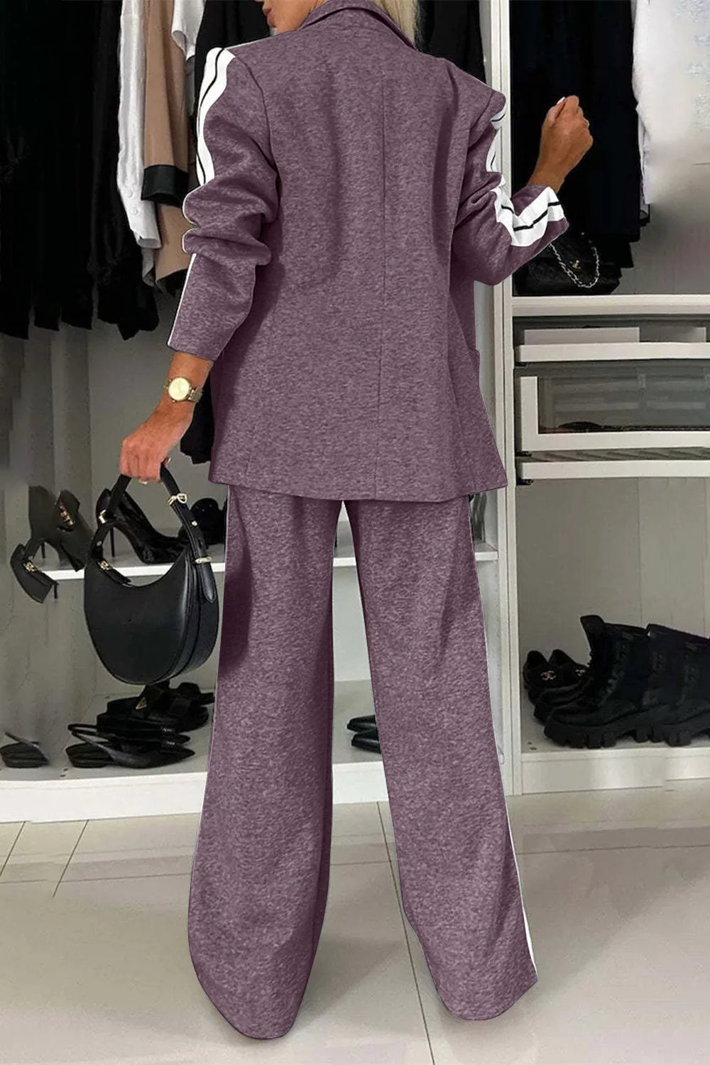 Full size contrast lapel collar top and pants set by Trendsi, featuring stylish design and comfortable fit, shown in the product image.
