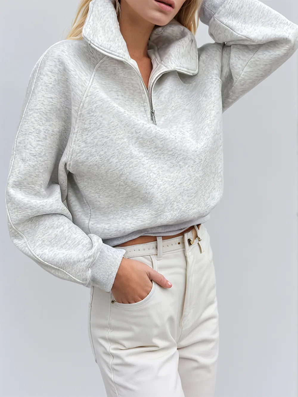 Light gray Trendsi half zip long sleeve sweatshirt, XS size, soft fabric, casual fit, perfect for layering or everyday wear.