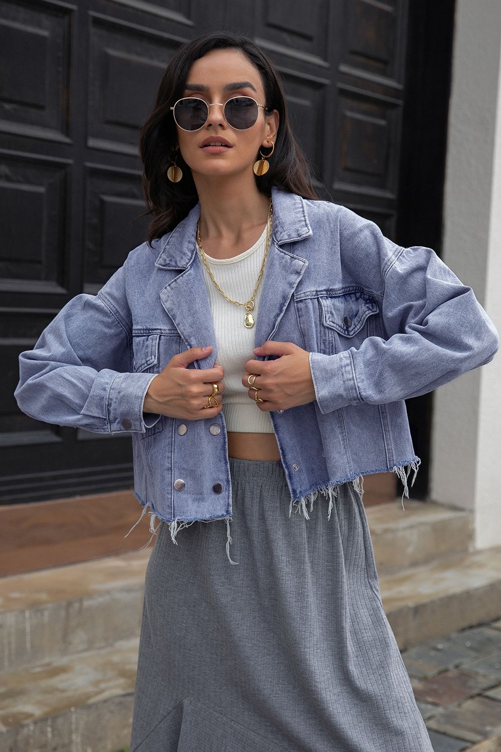 Lapel Collar Long Sleeve Denim Jacket - Redemption By Ashley North
