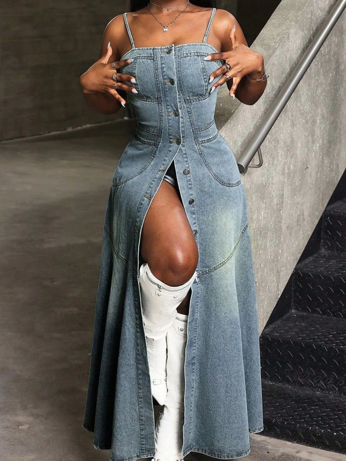 Light blue smocked button-front denim cami dress with adjustable straps, styled for casual summer wear.