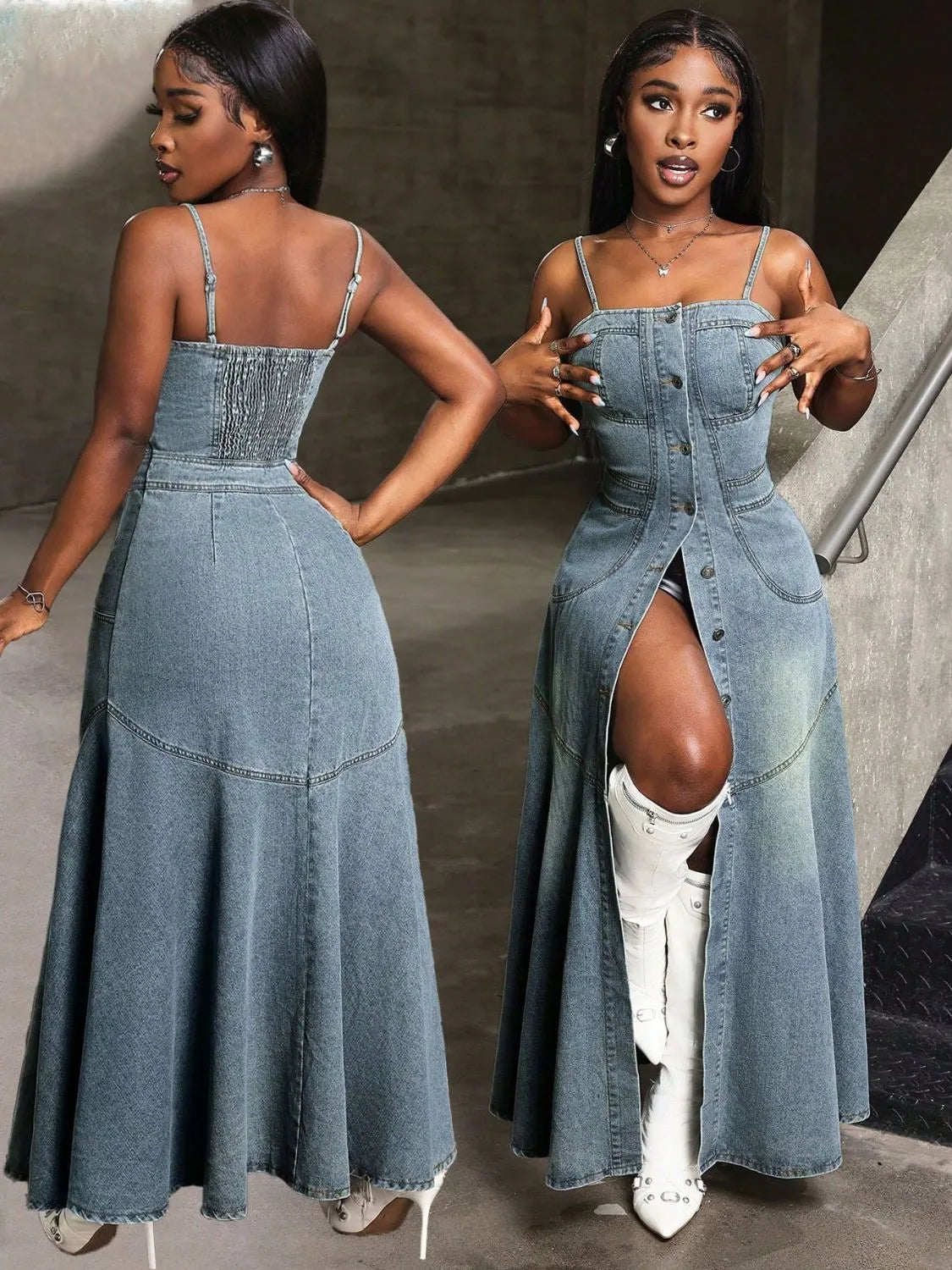 Light blue smocked button-front denim cami dress by Trendsi, featuring a fitted bodice and adjustable straps.