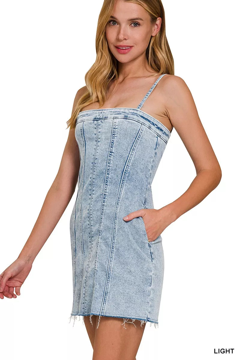 Light-wash Zenana spaghetti strap dress with exposed seam details, featuring a casual fit and feminine style.