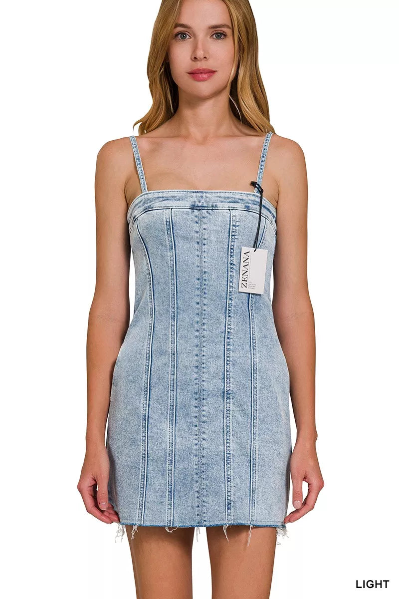 Light-wash Zenana spaghetti strap dress with exposed seam details, featuring a casual and trendy design by Trendsi.