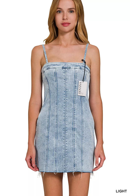 Light-wash Zenana spaghetti strap dress with exposed seam details, featuring a casual and trendy design by Trendsi.