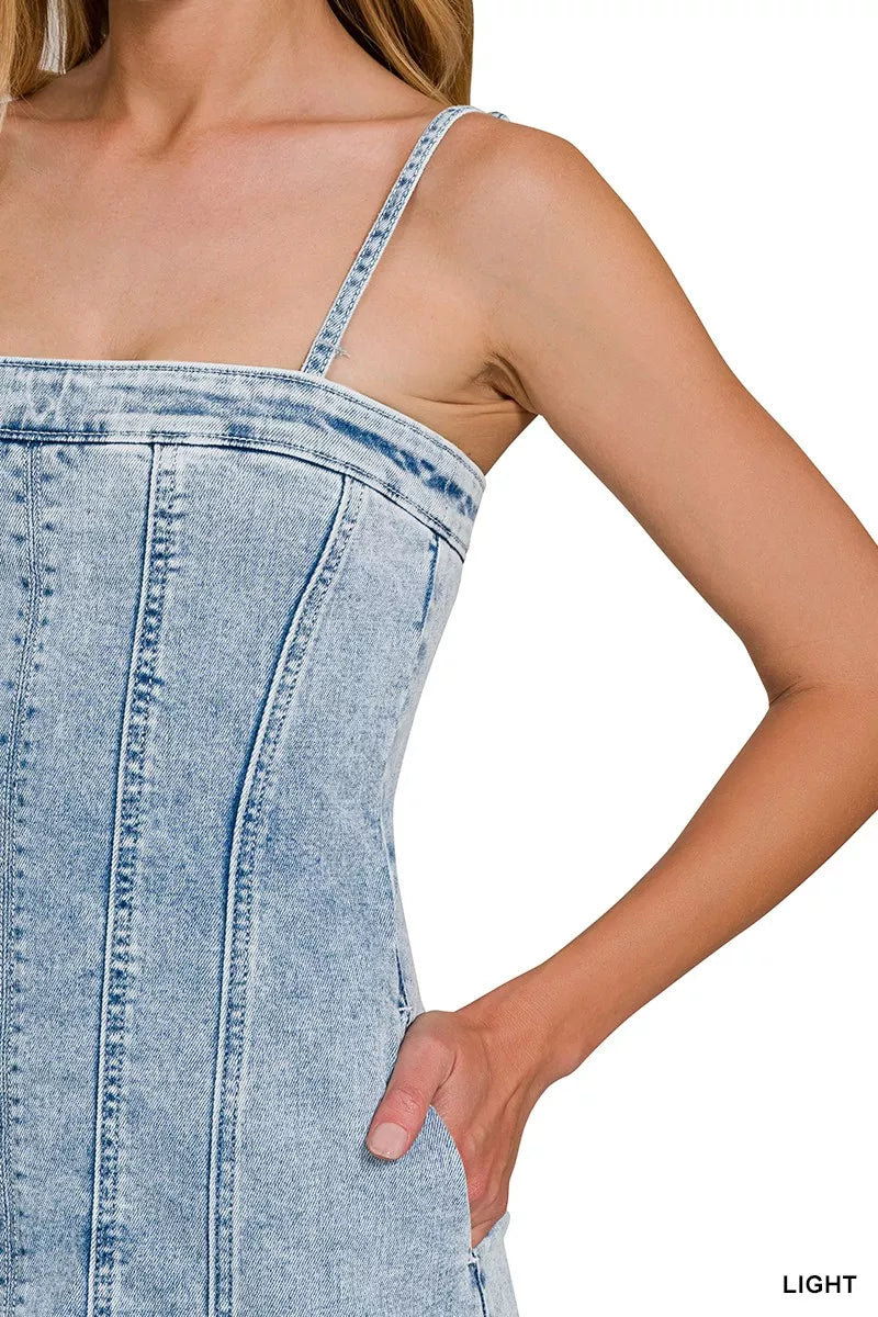 Light-wash Zenana spaghetti strap dress with exposed seam details, featuring a casual, stylish fit perfect for warm weather.
