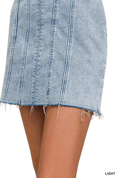 Light-wash Zenana spaghetti strap dress with exposed seams, featuring a casual, relaxed fit perfect for warm weather.