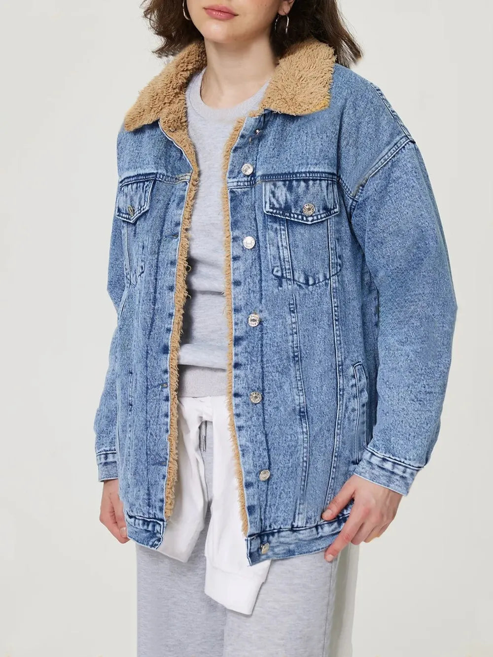 Button Up Collared Neck Plush Denim Jacket - Redemption By Ashley North