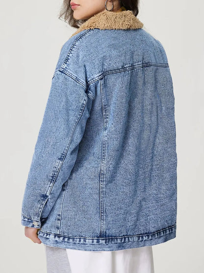 Button Up Collared Neck Plush Denim Jacket - Redemption By Ashley North