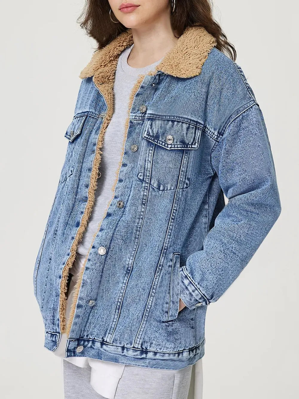Button Up Collared Neck Plush Denim Jacket - Redemption By Ashley North