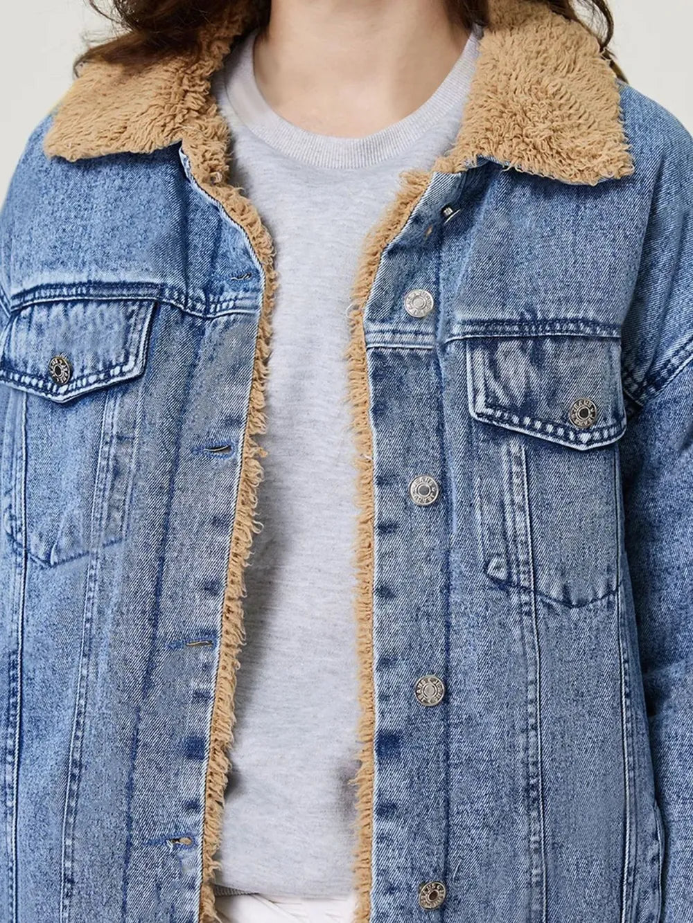 Button Up Collared Neck Plush Denim Jacket - Redemption By Ashley North