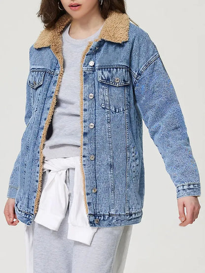 Button Up Collared Neck Plush Denim Jacket - Redemption By Ashley North
