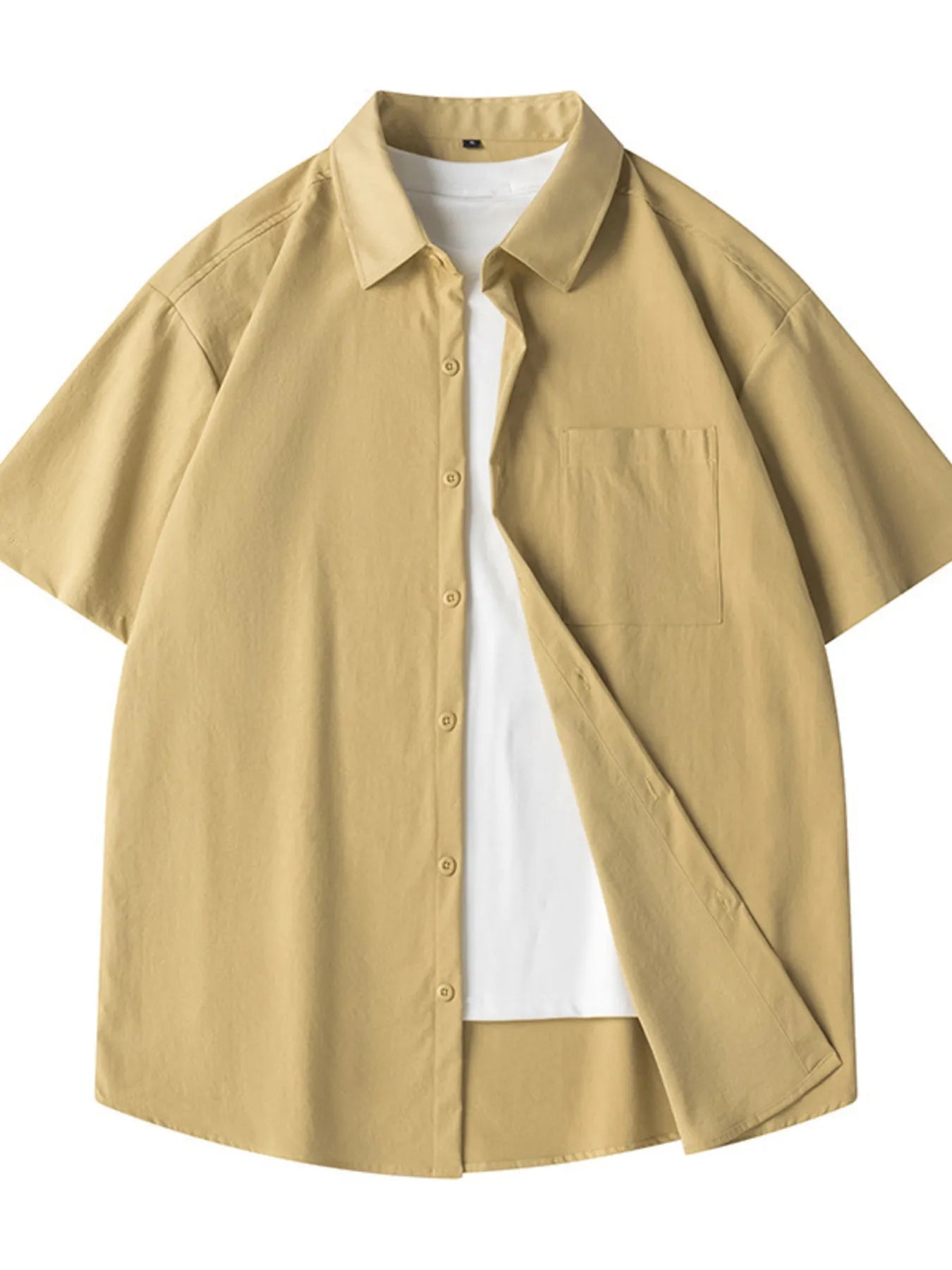 Light yellow men's plus size casual short sleeve shirt by Trendsi, loose fit, comfortable for everyday wear.