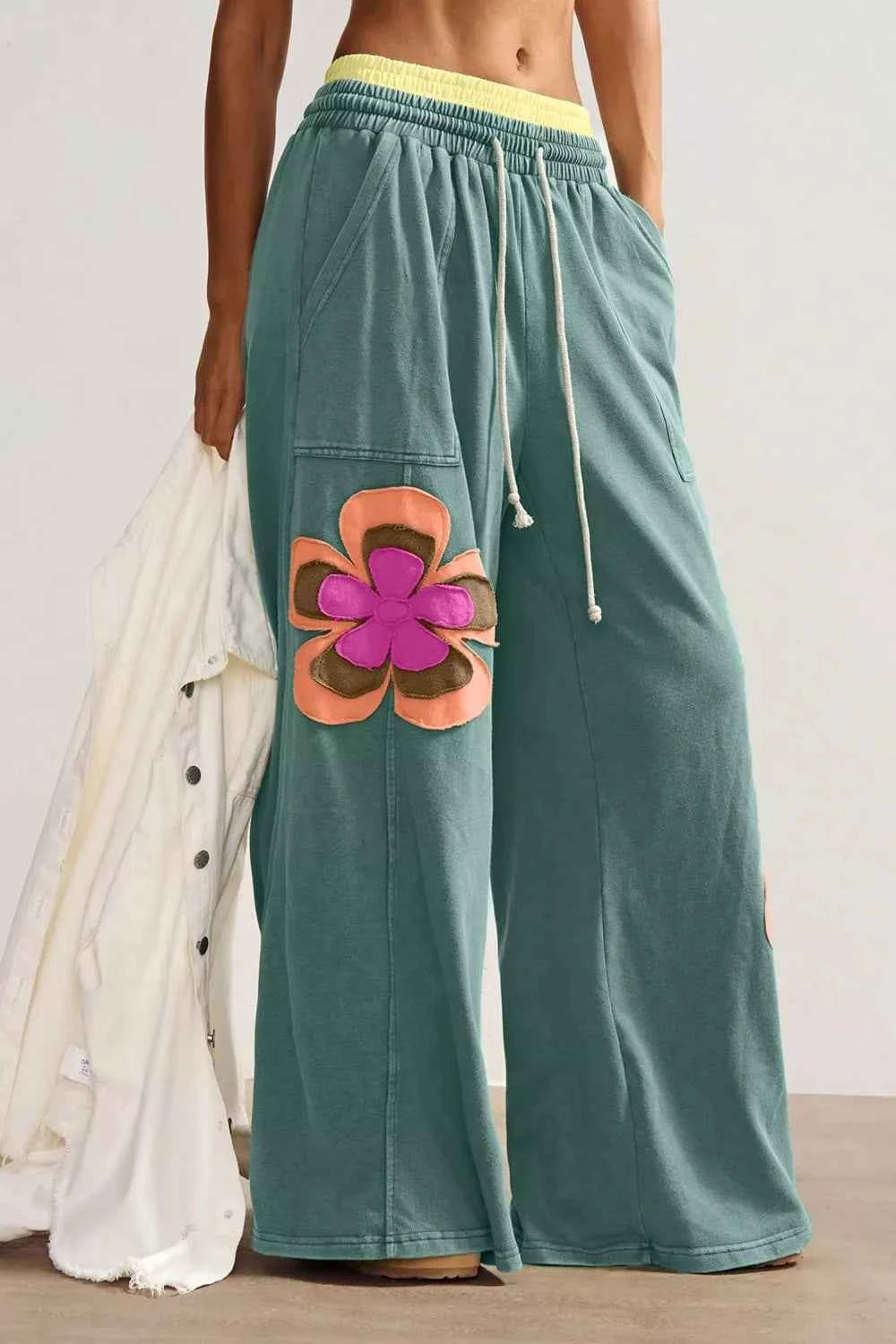 Turquoise floral patchwork wide-leg lounge pants by Trendsi, featuring a comfortable relaxed fit and stylish design.