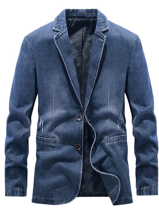 Men's plus size slim fit denim blazer with long sleeves, stylish and casual, from Trendsi, shown in a medium size.