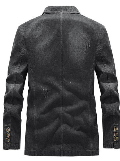 Plus size men's slim fit denim blazer with long sleeves, featuring a stylish and modern design.