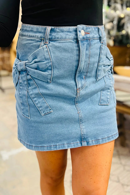 High waist denim skirt with acid wash finish and bowknot details, stylish and trendy from Trendsi.