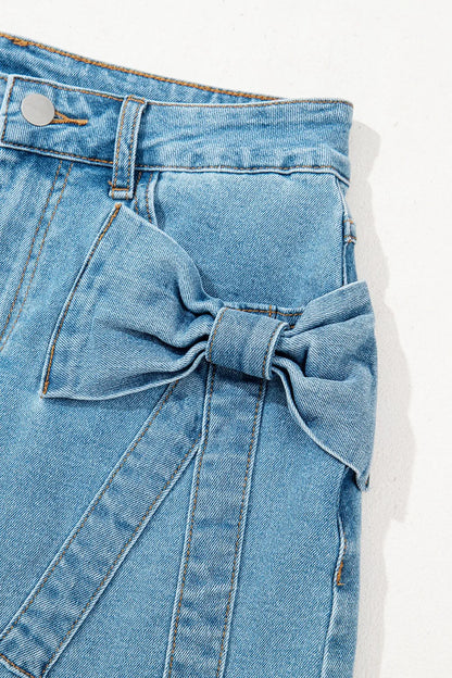 Trendsi acid wash high waist denim skirt with bowknot details, stylish and casual for everyday wear.