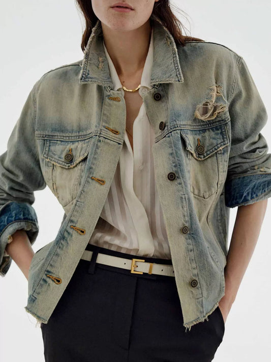 Distressed Wash Button Up Denim Jacket - Redemption By Ashley North