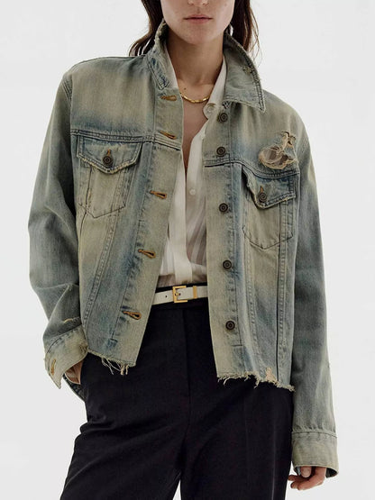 Distressed Wash Button Up Denim Jacket - Redemption By Ashley North