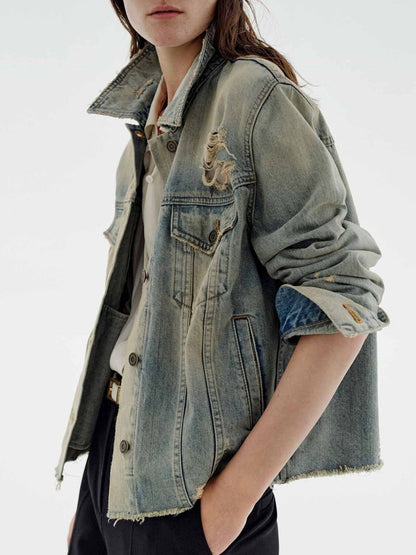 Distressed Wash Button Up Denim Jacket - Redemption By Ashley North