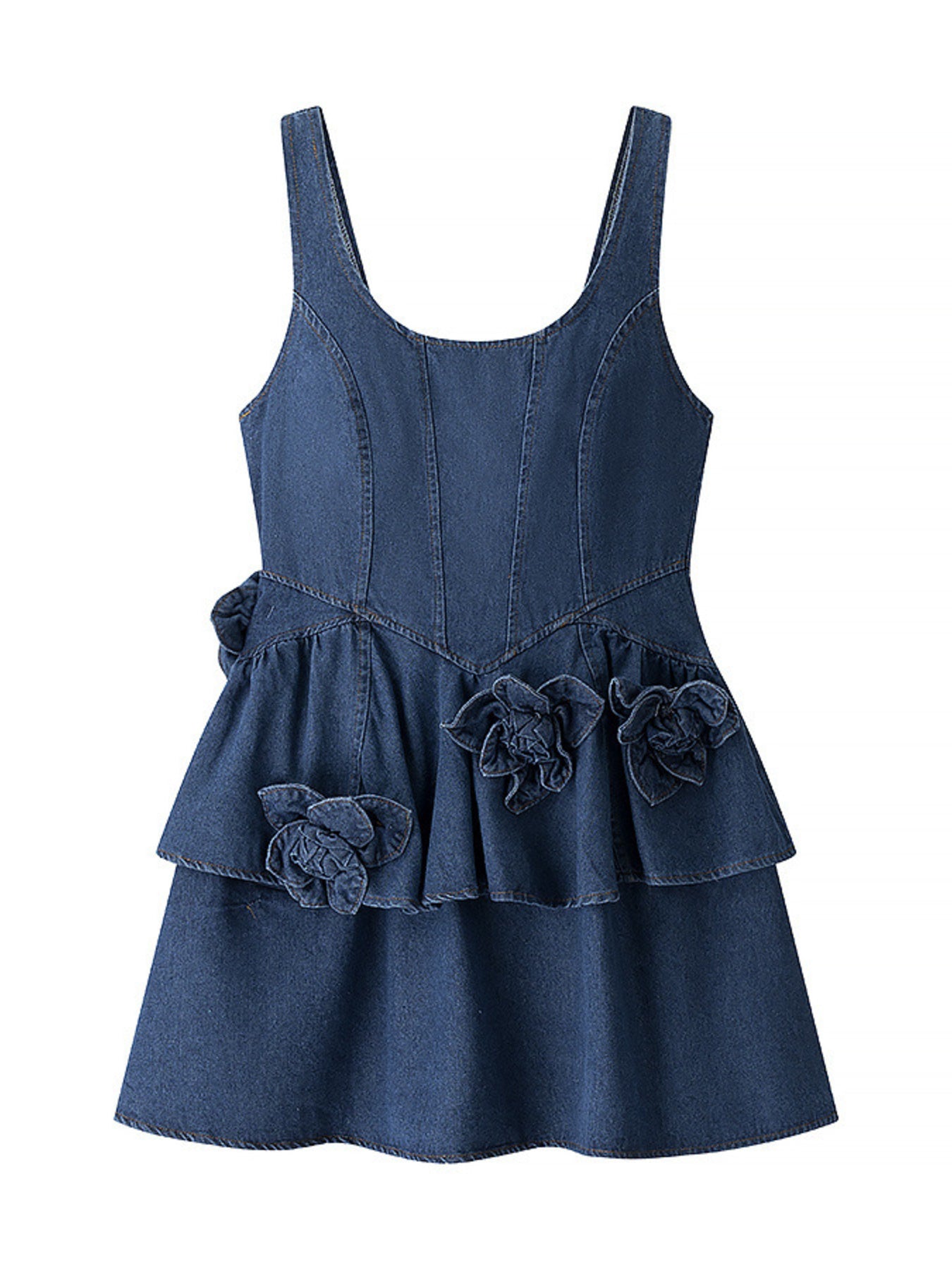 Floral ruffle layered denim dress by Trendsi featuring a fitted bodice, ruffled sleeves, and tiered skirt with floral print.
