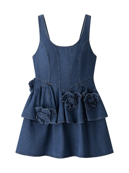 Floral ruffle layered denim dress by Trendsi featuring a fitted bodice, ruffled sleeves, and tiered skirt with floral print.