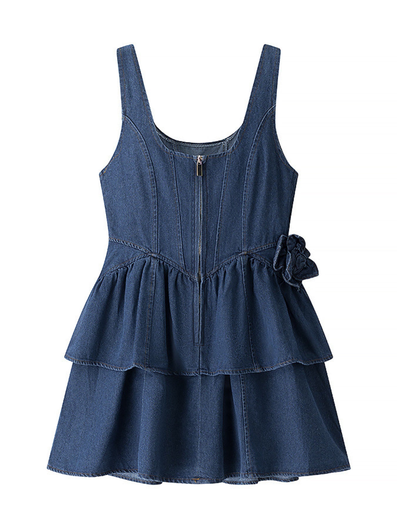 Floral ruffle layered denim dress by Trendsi featuring a feminine design with floral print and ruffle details.