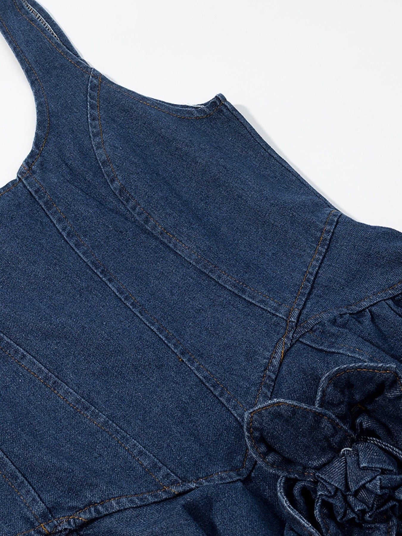 Medium-length floral ruffle layered denim dress from Trendsi with a feminine, casual style and floral print detail.
