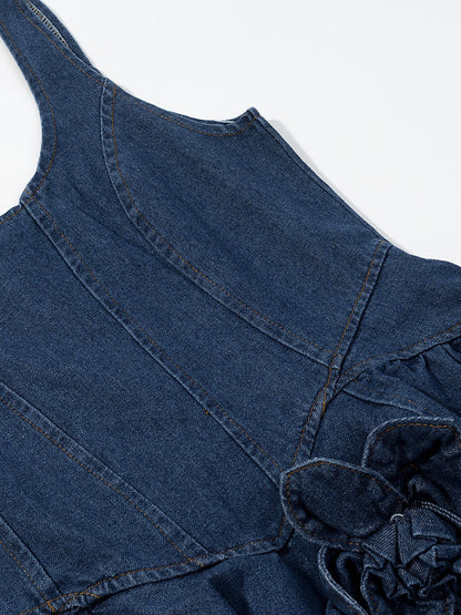 Medium-length floral ruffle layered denim dress from Trendsi with a feminine, casual style and floral print detail.